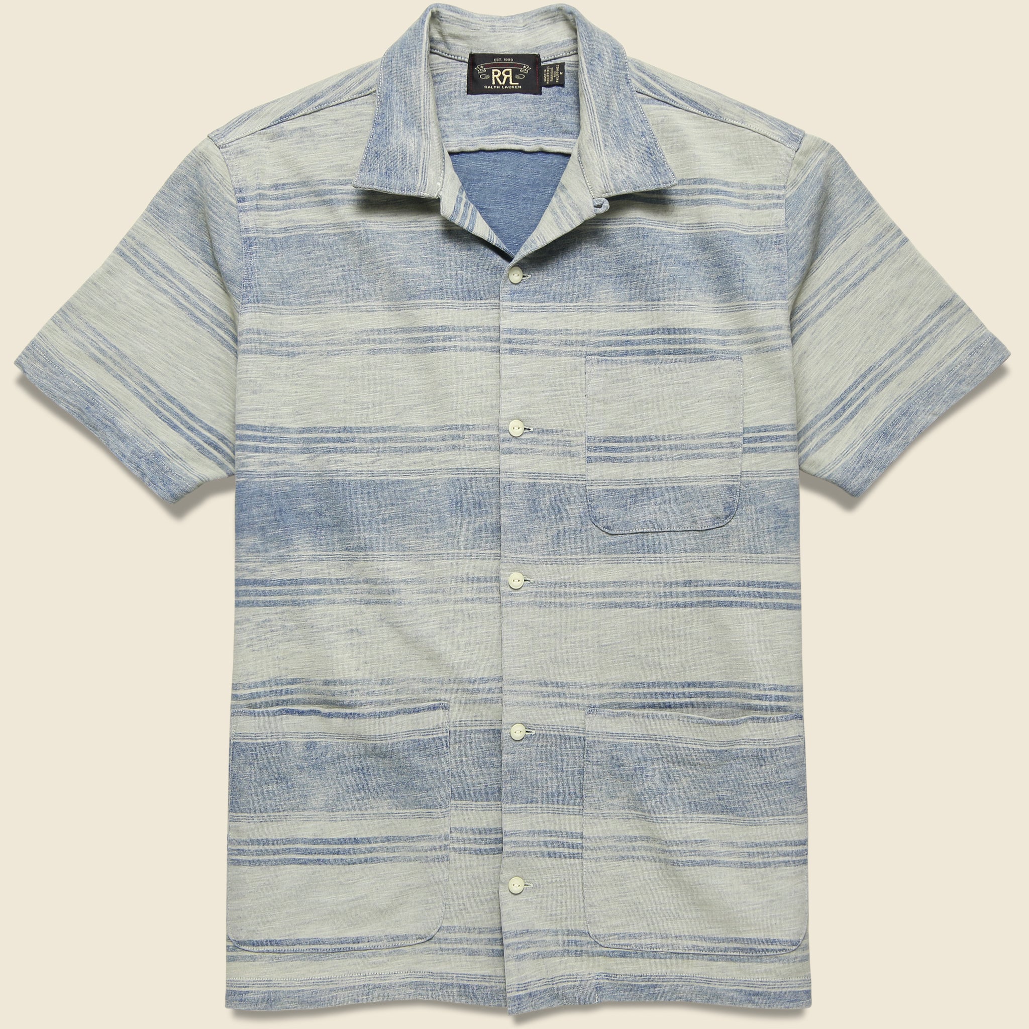 RRL, 3 Pocket Jersey Camp Shirt - Indigo/Cream Stripe