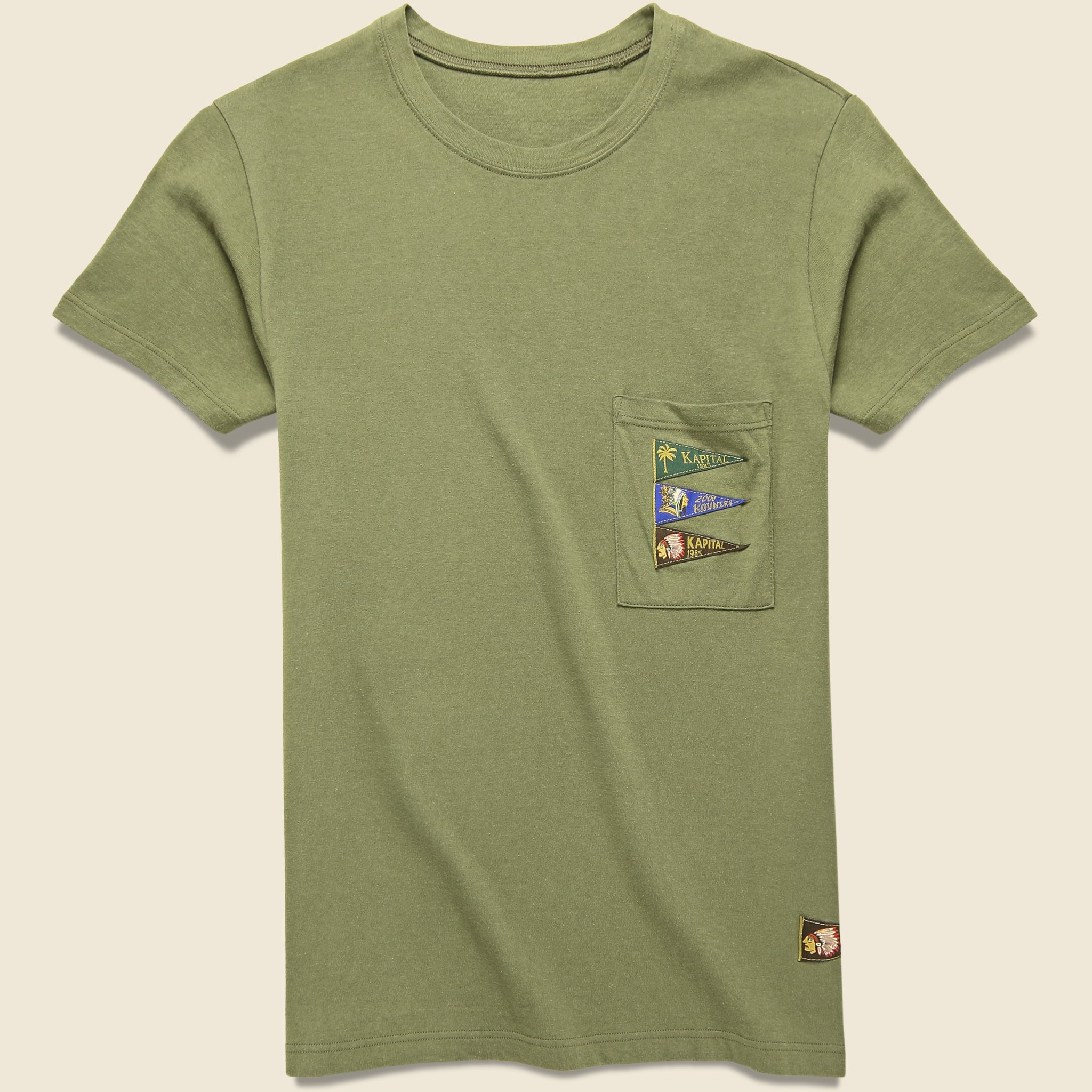 Kapital, 4 Pennant Flags Jersey Pocket Tee - Khaki