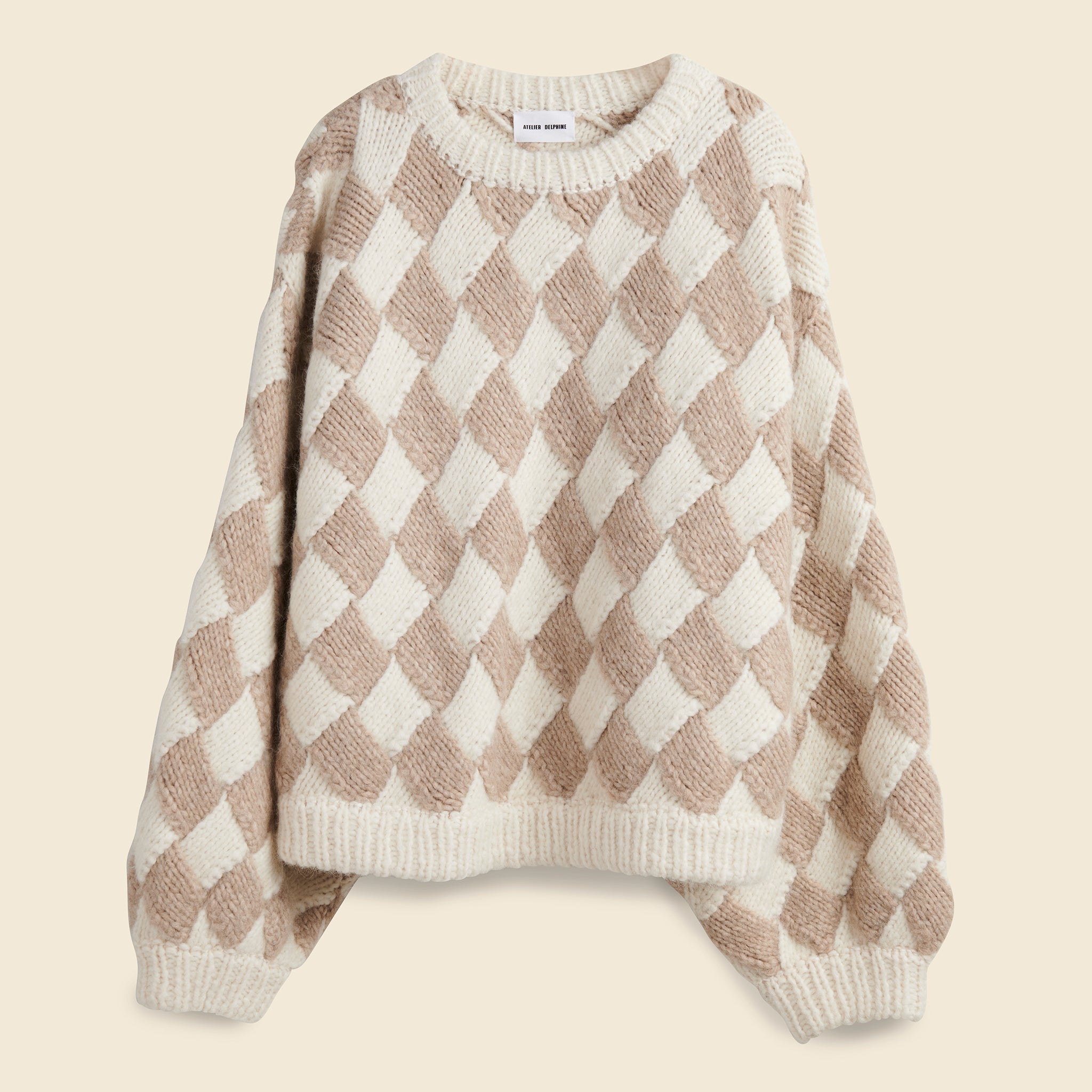 Atelier Delphine, Balloon Sleeve Entrelac Sweater - Cream/Oatmeal