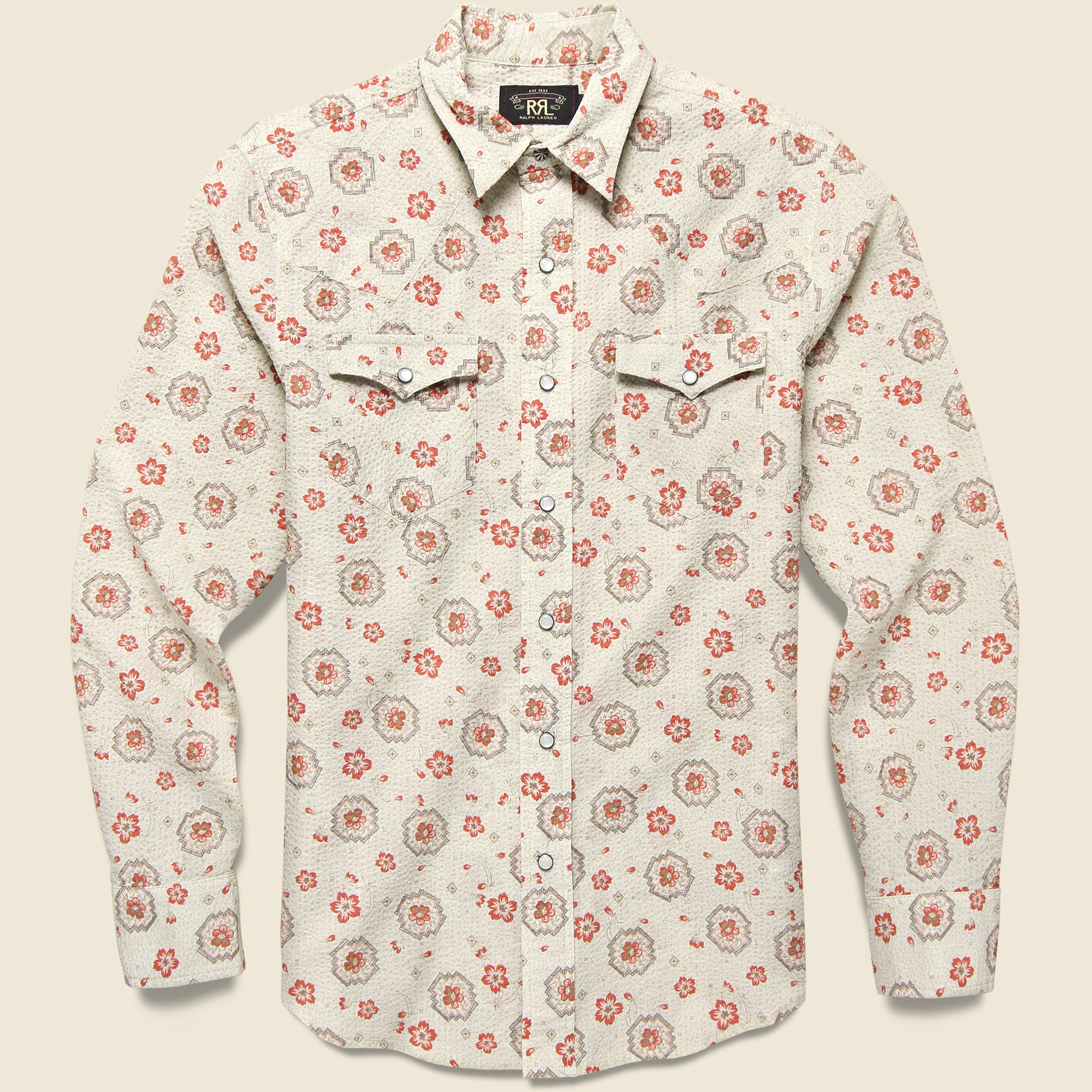 RRL, Bandana Print Seersucker Western Shirt - Tan/Coral