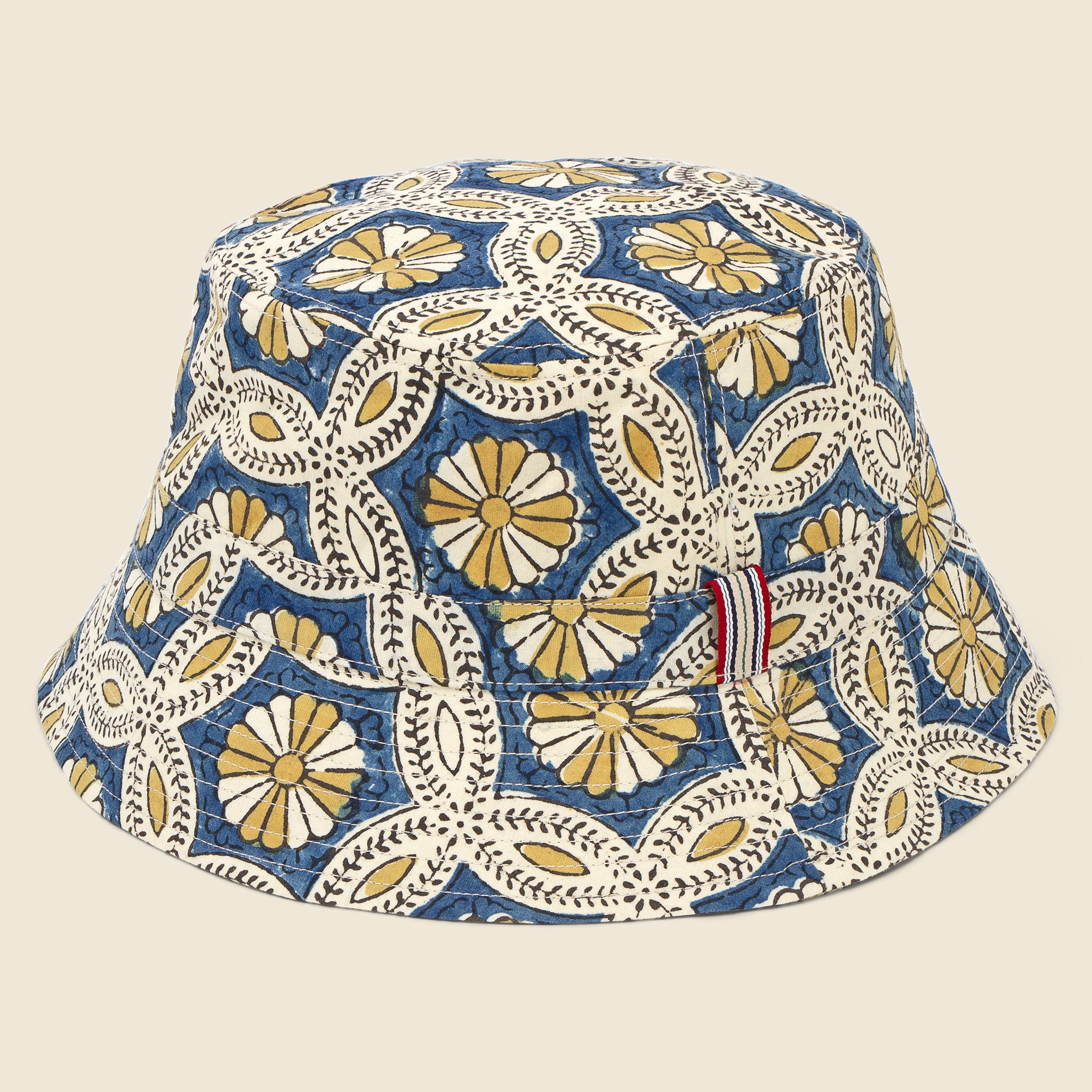 Kardo, Block Print Reversible Bucket Hat - Gold Indigo Daisy/Blue Leaf