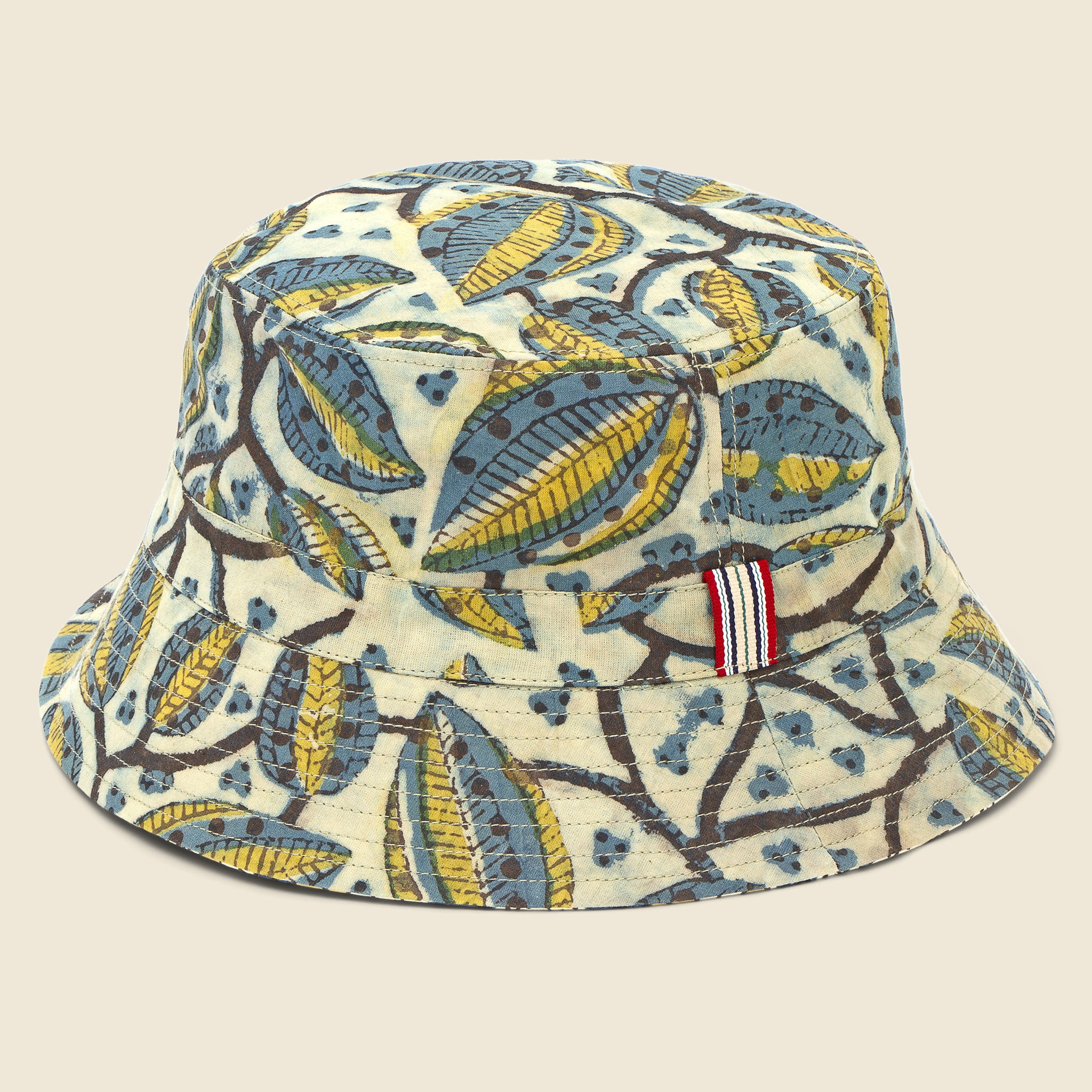 Kardo, Block Print Reversible Bucket Hat - Gold Indigo Daisy/Blue Leaf