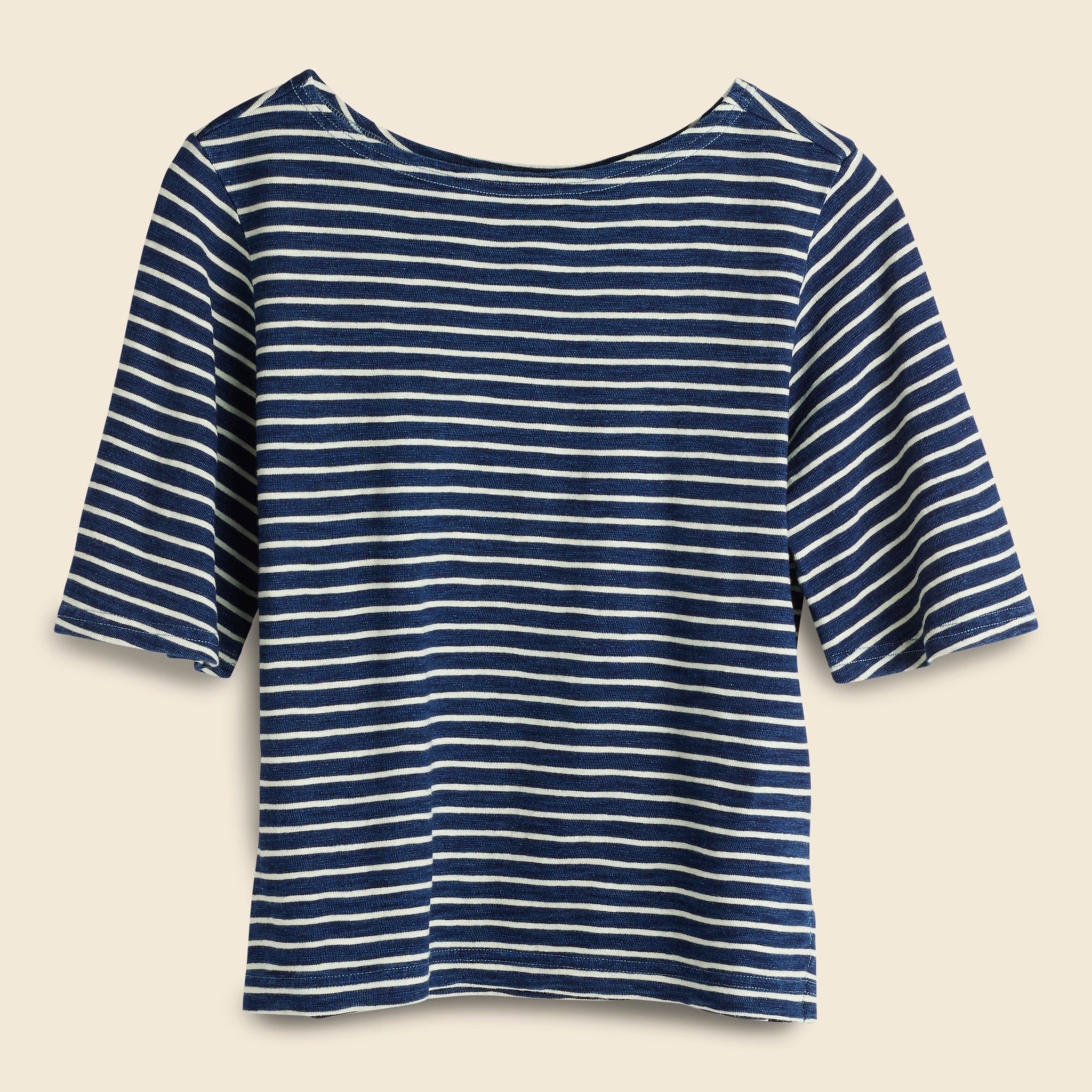 RRL, Boat Neck Tee - Indigo/Greige Stripe