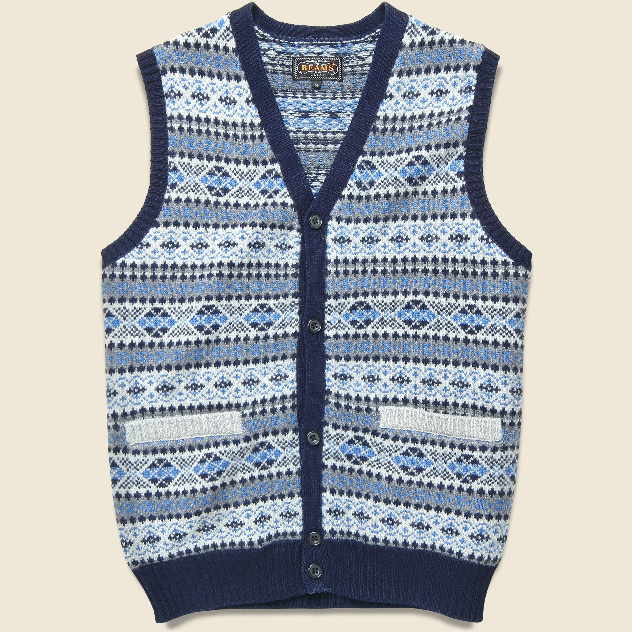 BEAMS+, Button Knit Vest - Indigo Fair Isle