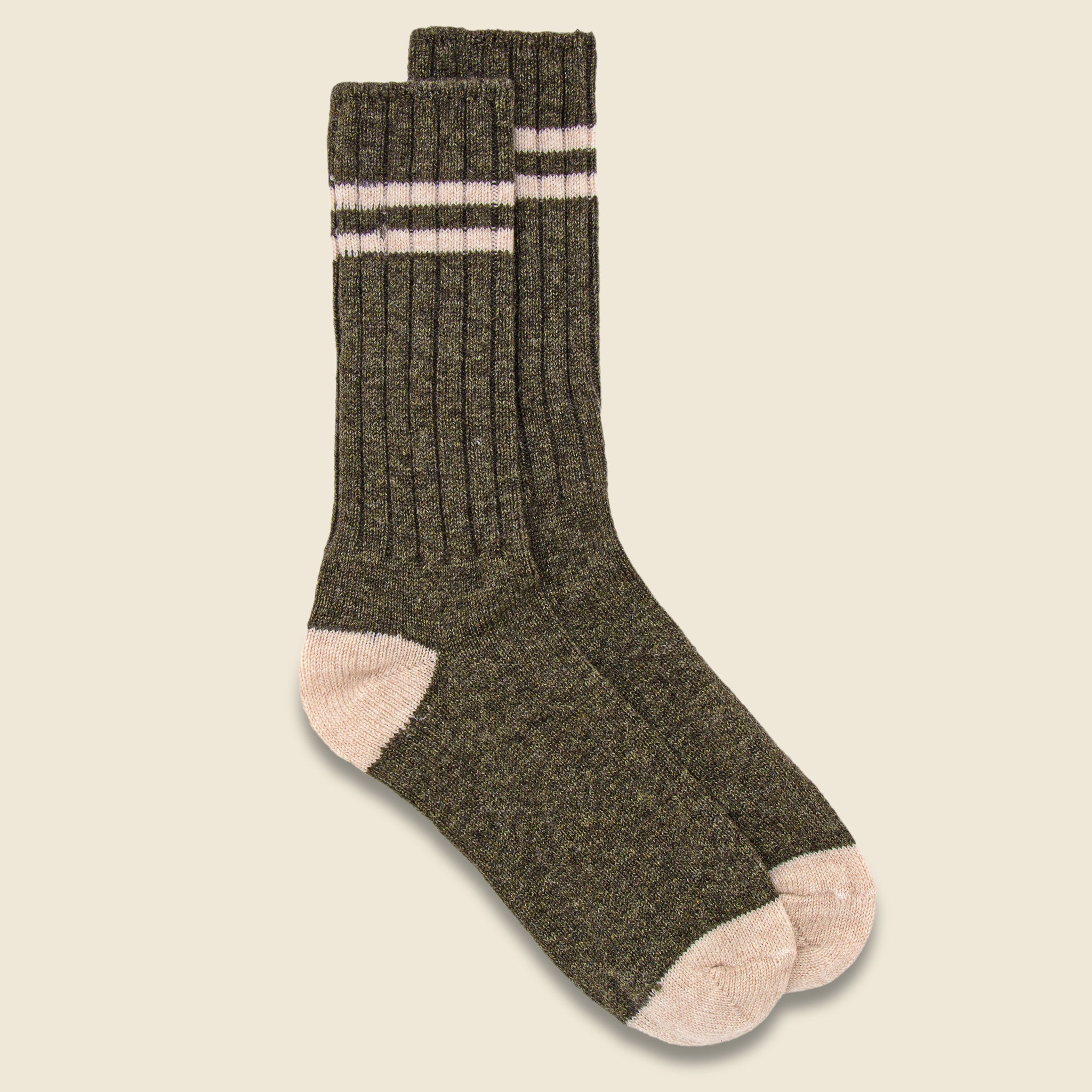 American Trench, Cashmere Double Stripe Crew Sock - Moss/Natural