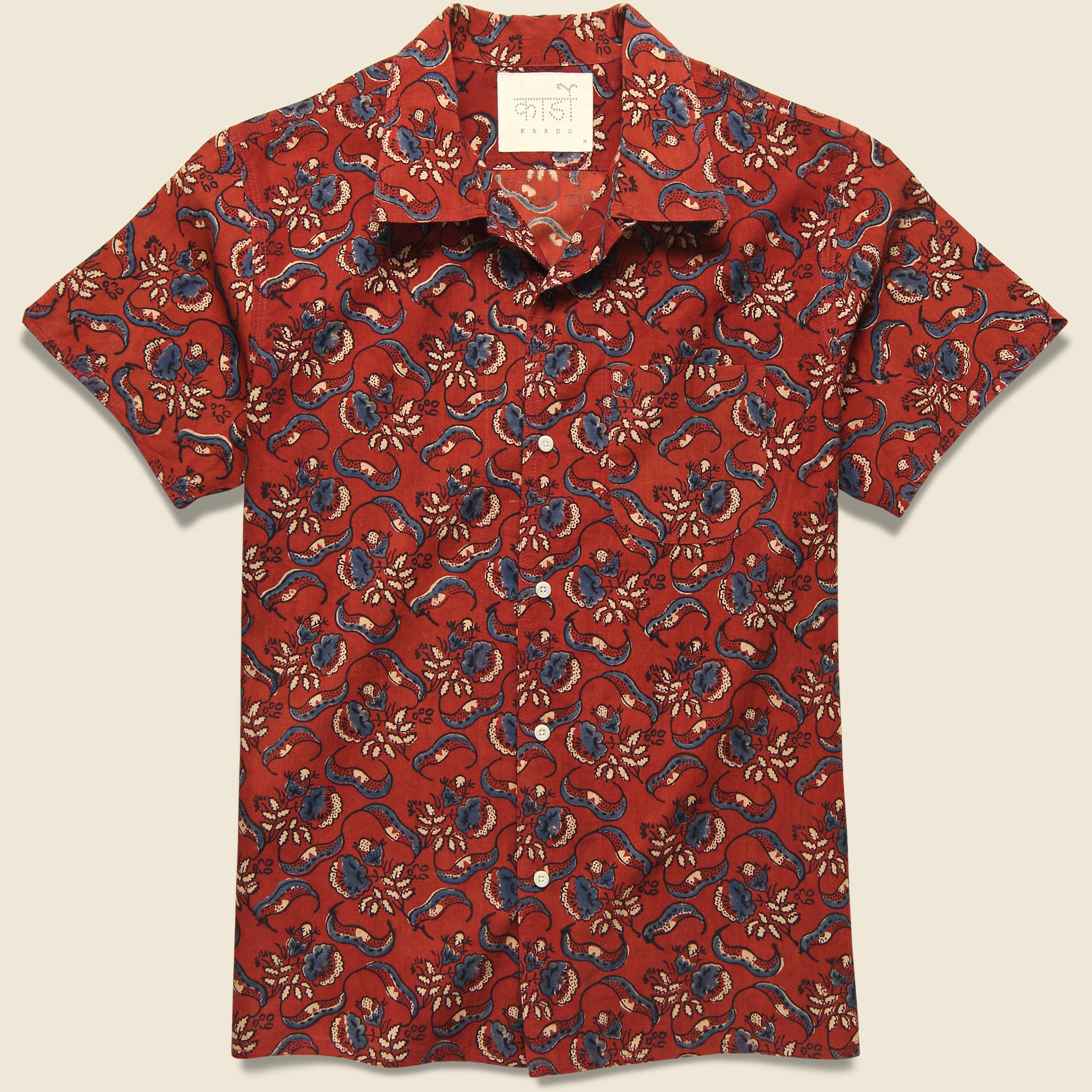 Kardo, Chintan Ajrakh Floral Block Print Shirt - Red/Blue