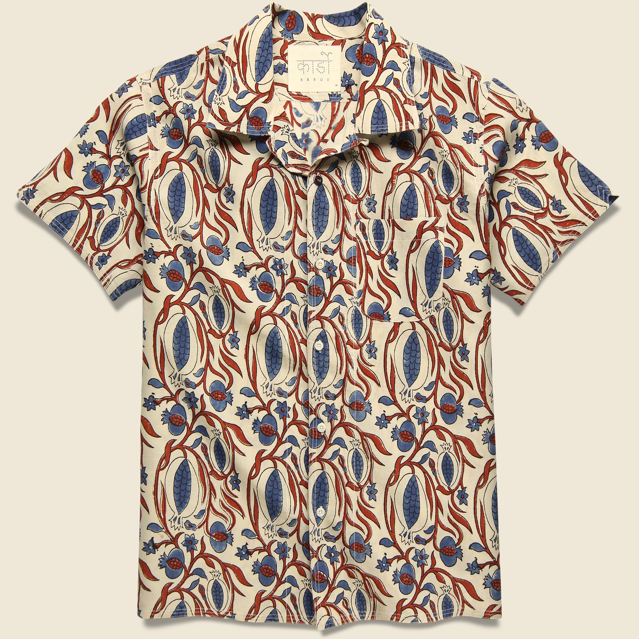 Kardo, Chintan Floral Vine Block Print Shirt - White/Red/Blue