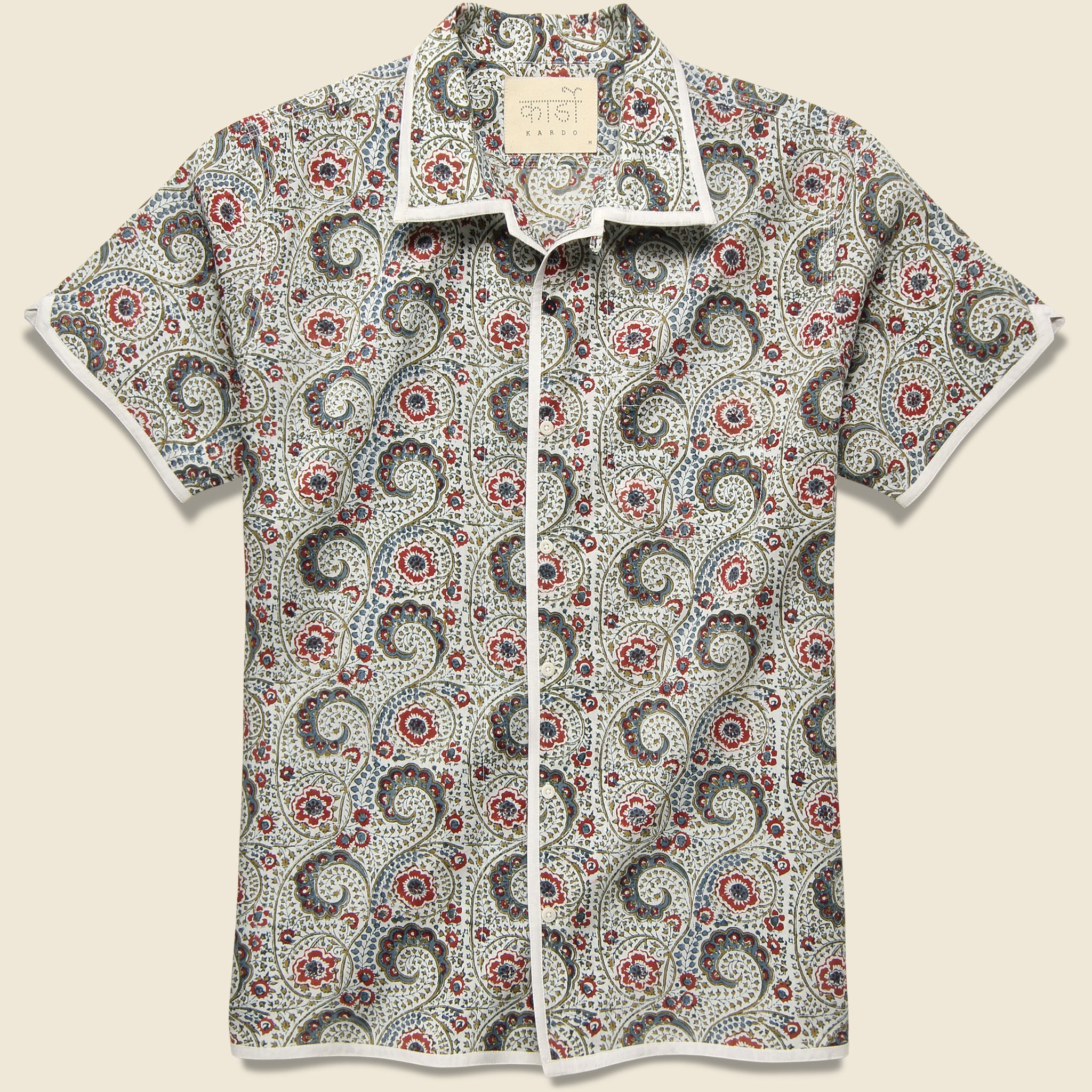 Kardo, Chintan Paisley Block Print Shirt - Dusty Blue/Red/Gold