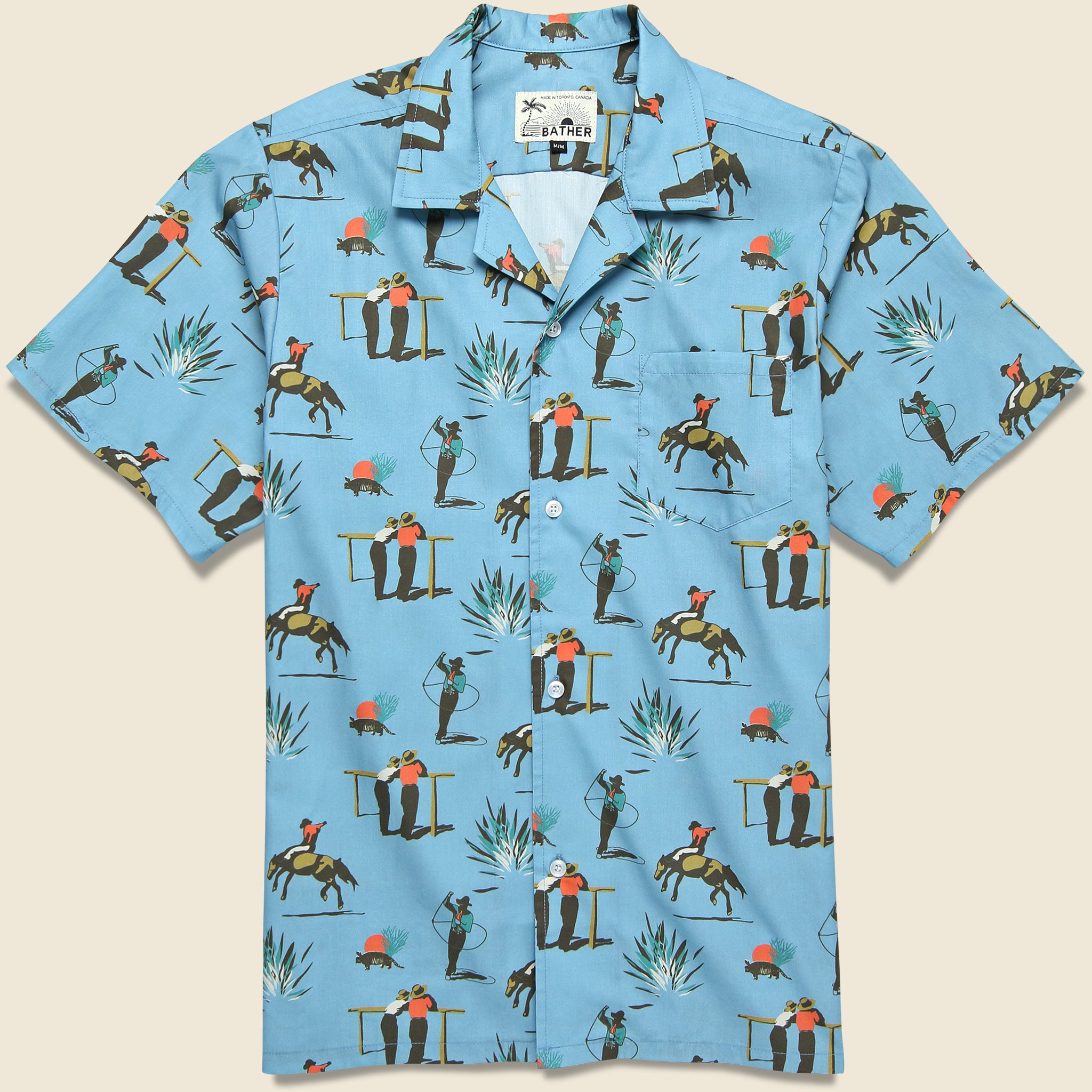 Bather, Cowboy Print Camp Shirt - Light Blue