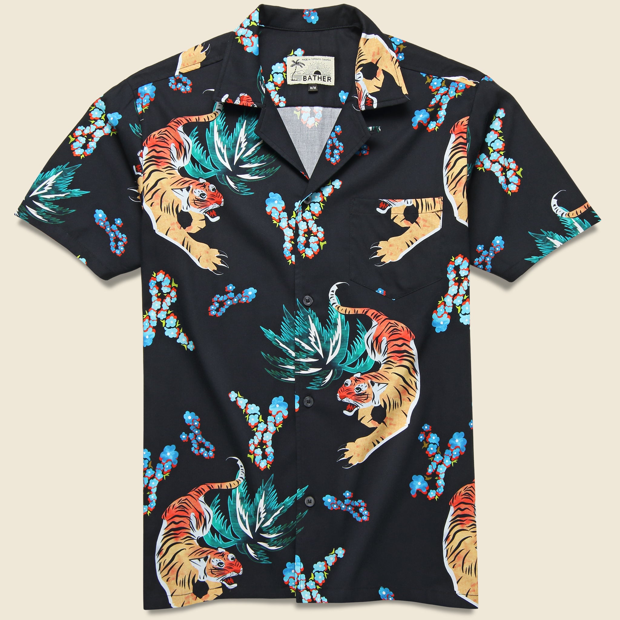 Bather, Hawaiian Tiger Button Up Shirt - Black