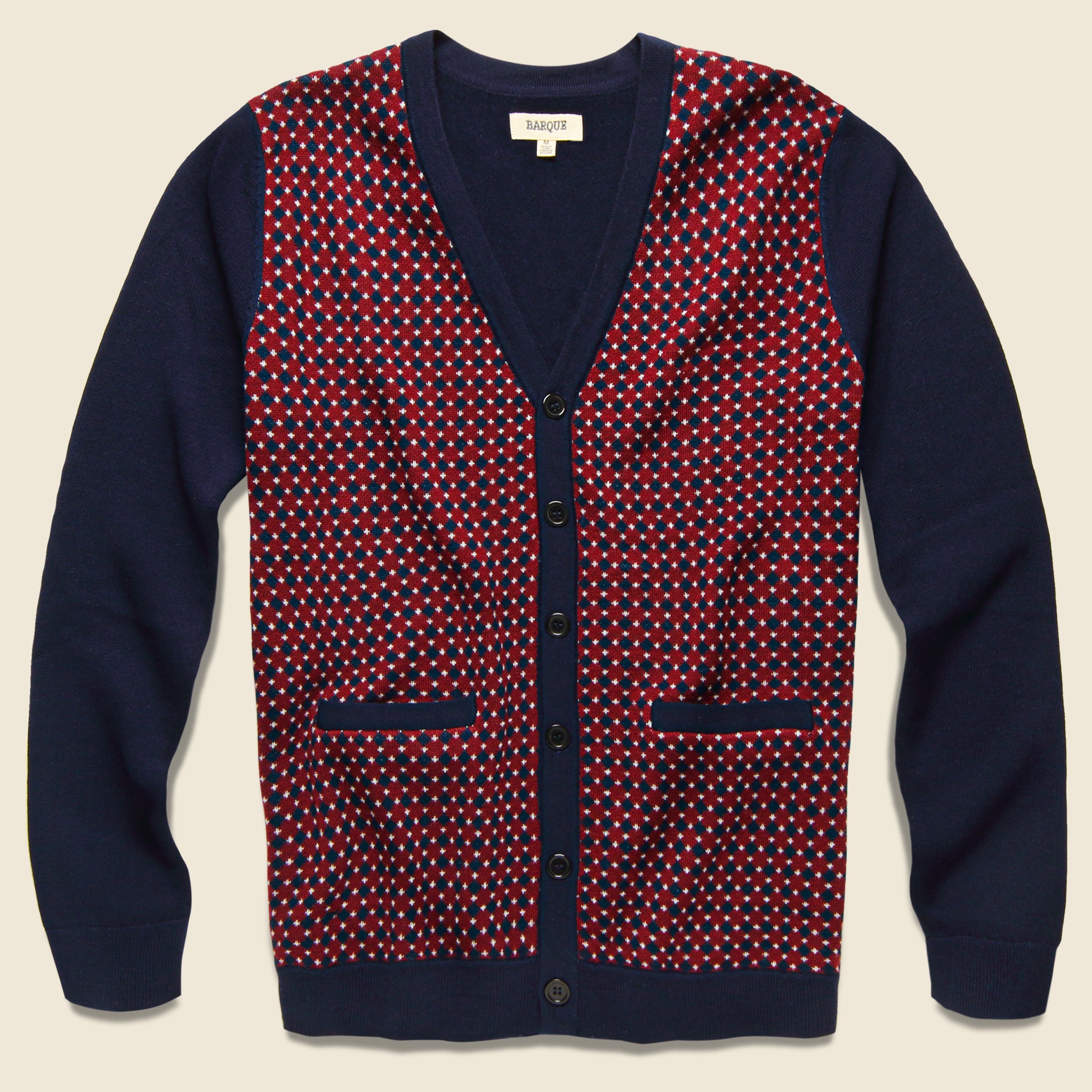 Barque, Jacquard Merino Cardigan - Burgundy/Navy