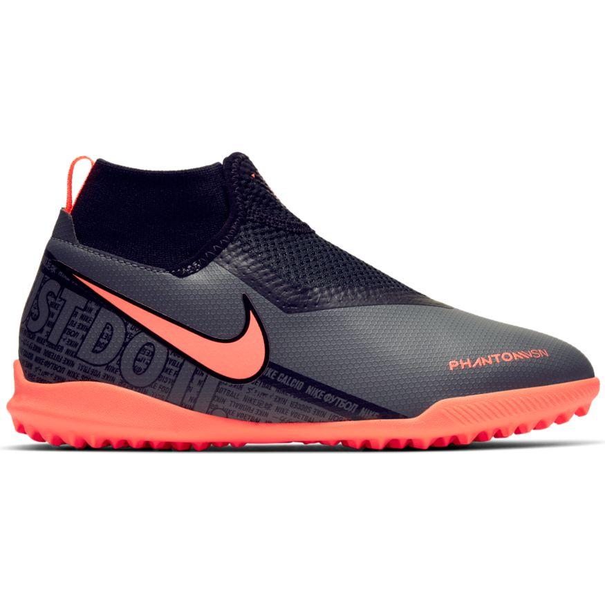 Nike, Jr. Phantom Vision Academy Dynamic Fit TF Soccer Cleat - Dark Grey/Black/Bright Mango