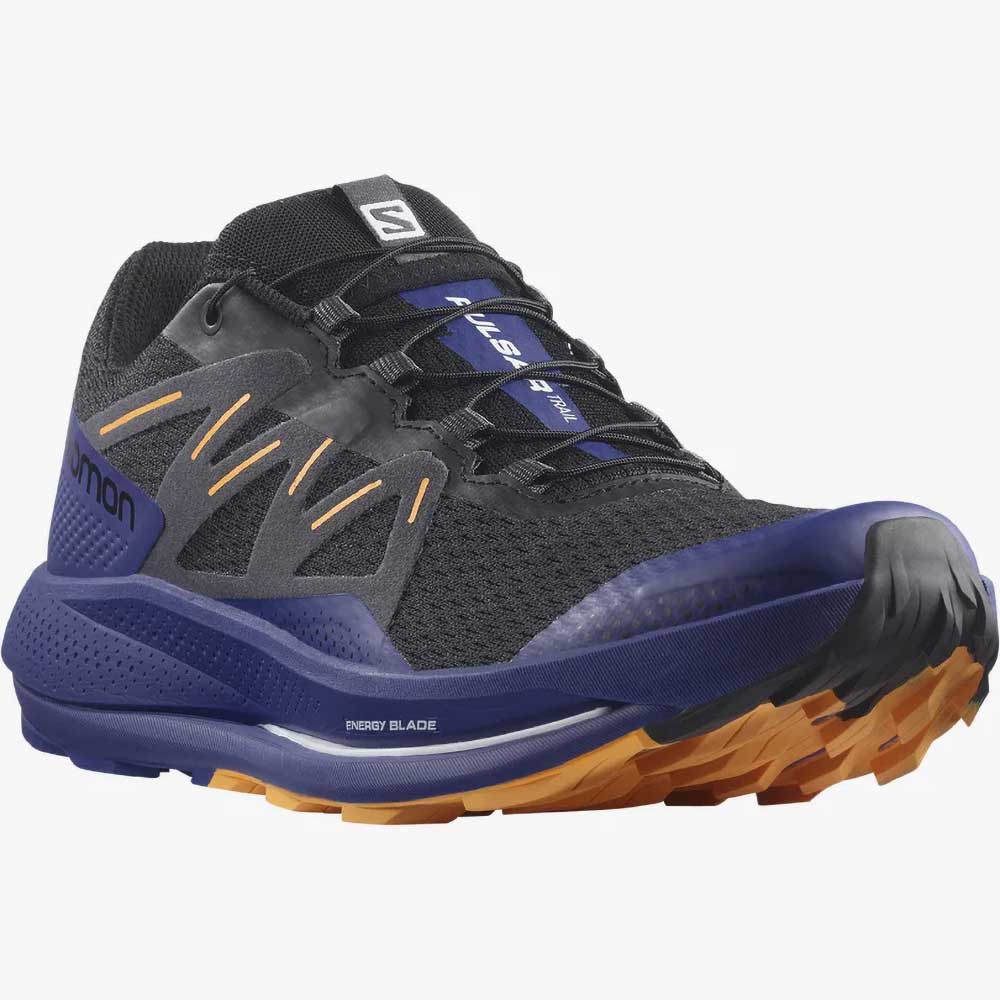 Salomon, Men's Pulsar Trail Shoe - Black/Clematis Blue/Blazing Orange- Regular (D)