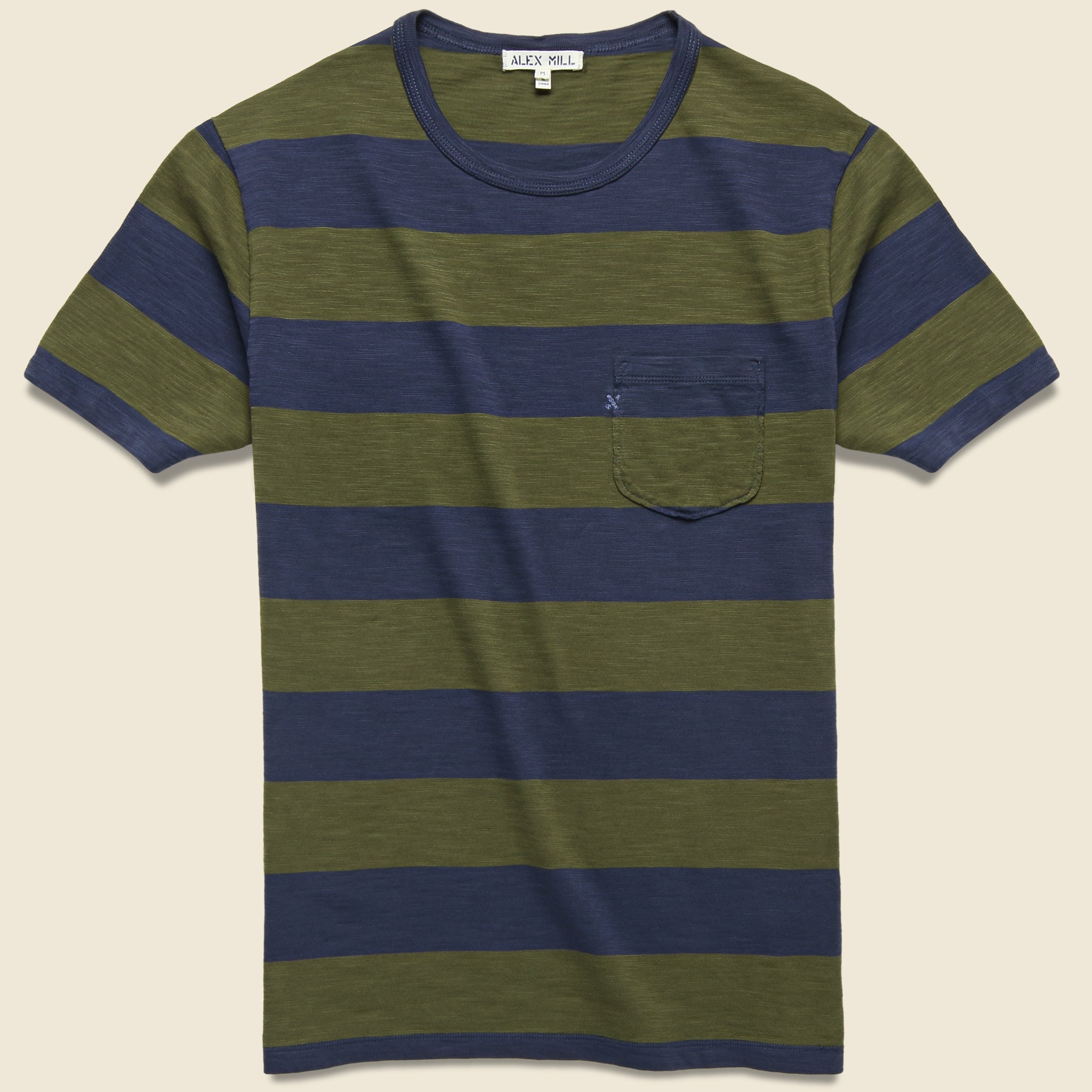 Alex Mill, Wide Striped Pocket Tee - Navy/Military Green